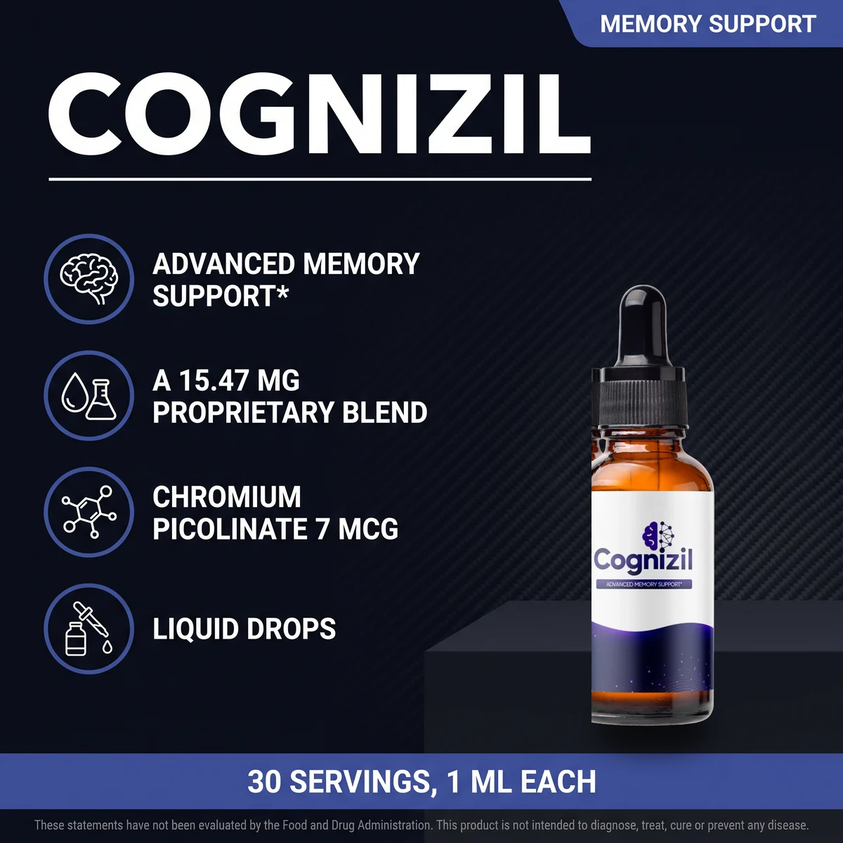 Cognizil liquid drops supporting advanced memory with a 15.47 mg proprietary blend and chromium