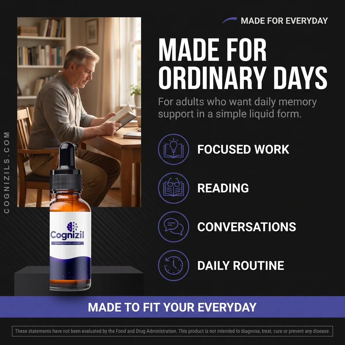 Cognizil is made for ordinary days: adults supporting focus for work, reading and conversation